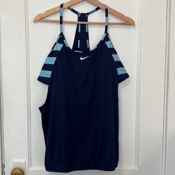 NWT Nike Women's Navy Striped Racerback Layered Tankini Swimsuit Top, Size XL - Picture 1 of 13